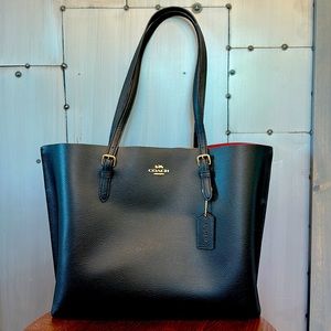 COACH Mollie Tote, black pebbled leather w/red interior & gold zips